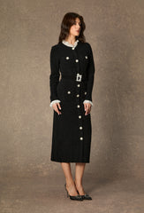 Classic Poise Black Ruffle Trim Knit Midi Dress