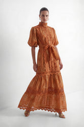 Secret Rendezvous Brown Leaf Embroidered Tiered Maxi Dress