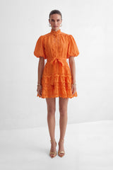 Gorgeous Essence Orange Lace Trim Tiered Mini Dress