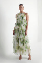 Garden Romance Green Leaf Print Tiered Tulle Maxi Dress