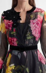 Softly Charming Black Floral Print Velvet Cuff Maxi Dress