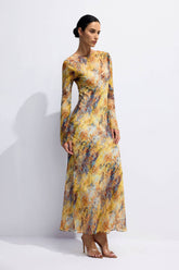 Lane Print Flare Cuffs Maxi Dress