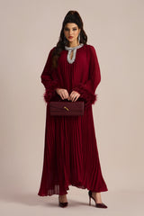 Yvonne Diamante Feathered Pleated Maxi Chiffon Dress