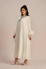 Yvonne Diamante Feathered Pleated Maxi Chiffon Dress