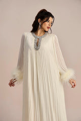 Yvonne Diamante Feathered Pleated Maxi Chiffon Dress