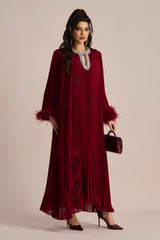 Yvonne Diamante Feathered Pleated Maxi Chiffon Dress