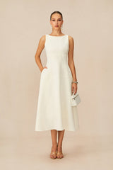 Classic Charm White Sleeveless Midi Dress