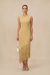 Easily Gorgeous Beige Fringe Knit Midi Dress