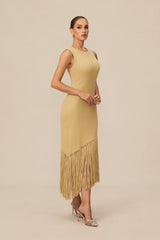 Easily Gorgeous Beige Fringe Knit Midi Dress
