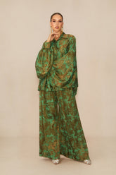 Breezy Getaway Green Printed Blouse & Pleated Wide-Leg Pants Set