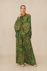 Breezy Getaway Green Printed Blouse & Pleated Wide-Leg Pants Set