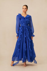 Dreamy Cobalt Blue Ruffle Trim Maxi Dress