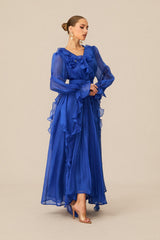 Dreamy Cobalt Blue Ruffle Trim Maxi Dress