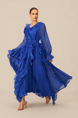 Dreamy Cobalt Blue Ruffle Trim Maxi Dress