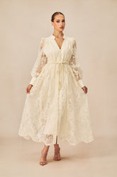 Madeline V-Neck Lace Embroidered Midi Dress