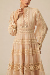 Romantic Antique Beige Embroidered Lace Maxi Dress
