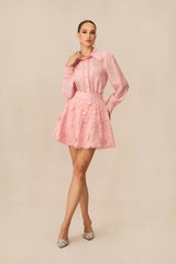 Blossom Elegance Pink Floral Lace Shirt & Skirt Set