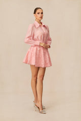 Blossom Elegance Pink Floral Lace Shirt & Skirt Set