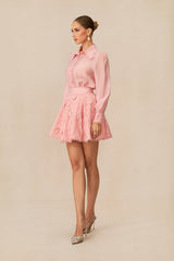 Blossom Elegance Pink Floral Lace Shirt & Skirt Set