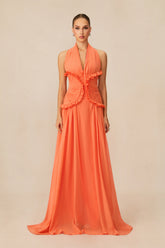 Aliza Halter Neck Ruffle Trim Maxi Dress