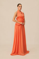 Aliza Halter Neck Ruffle Trim Maxi Dress