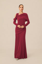 Judith Asymmetric Ruched Long Sleeve Maxi Dress