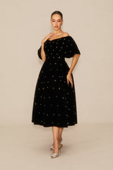 Marvelous Radiance Black Off Shoulder Velvet Midi Dress