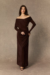 Always Remarkable Brown Off Shoulder Gathered Maxi Dress