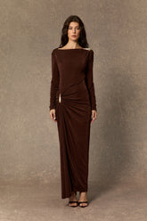 Effortlessly Stunning Brown Asymmetric Ruched Maxi Dress