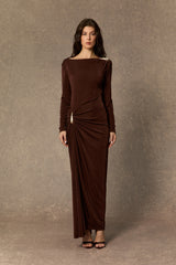 Effortlessly Stunning Brown Asymmetric Ruched Maxi Dress