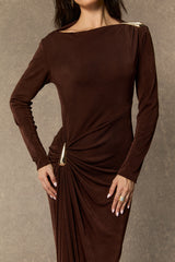 Effortlessly Stunning Brown Asymmetric Ruched Maxi Dress