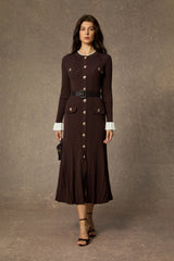 Autumn Luxe Brown Contrast Trim Ruffle Midi Dress