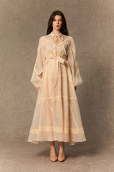 Lovely Details Beige Tie Neck Lace Panel Maxi Dress
