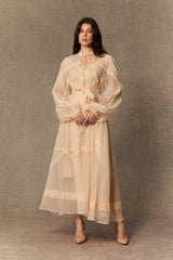 Lovely Details Beige Tie Neck Lace Panel Maxi Dress