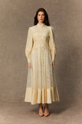 Deep Dreams Beige Lace Embroidered Lantern Sleeve Maxi Dress