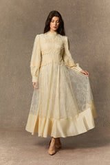 Deep Dreams Beige Lace Embroidered Lantern Sleeve Maxi Dress
