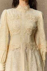 Deep Dreams Beige Lace Embroidered Lantern Sleeve Maxi Dress