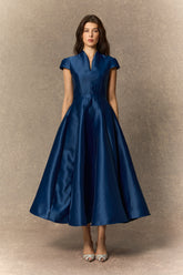 Lavish Looks Blue Cap Sleeve Notch V鈥慛eck Midi Dress