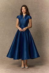 Lavish Looks Blue Cap Sleeve Notch V鈥慛eck Midi Dress