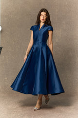 Lavish Looks Blue Cap Sleeve Notch V鈥慛eck Midi Dress