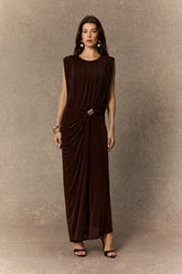 Effortlessly Yours Brown Sleeveless Draped Maxi Dress