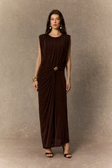 Effortlessly Yours Brown Sleeveless Draped Maxi Dress