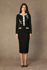 Marvelous Match Black Floral Embroidered Contrast Trim Skirt Set
