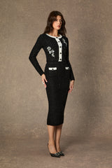 Marvelous Match Black Floral Embroidered Contrast Trim Skirt Set