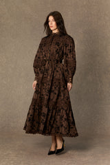 Romantic Vintage Brown Floral Print Lace Trim Midi Dress