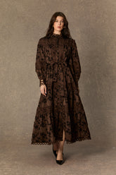 Romantic Vintage Brown Floral Print Lace Trim Midi Dress