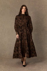 Romantic Vintage Brown Floral Print Lace Trim Midi Dress