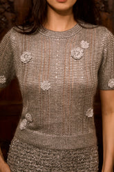 The Lovely Life Grey Floral Applique Short Sleeve Knit Top