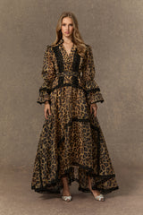 Exotic Appeal Brown Leopard Print Lace Trim Maxi Dress