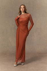 Alluring Silhouette Orange Crystal Embellished Ruched Maxi Dress